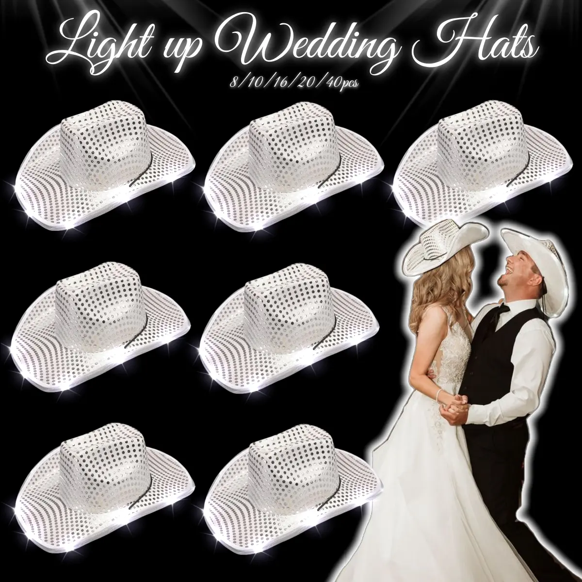 4-40PCS Wedding Light Up Cowboy Hat Led Cowboy Hat Western Party Hats for Wedding Reception Dance Floor Bachelor Party Favors