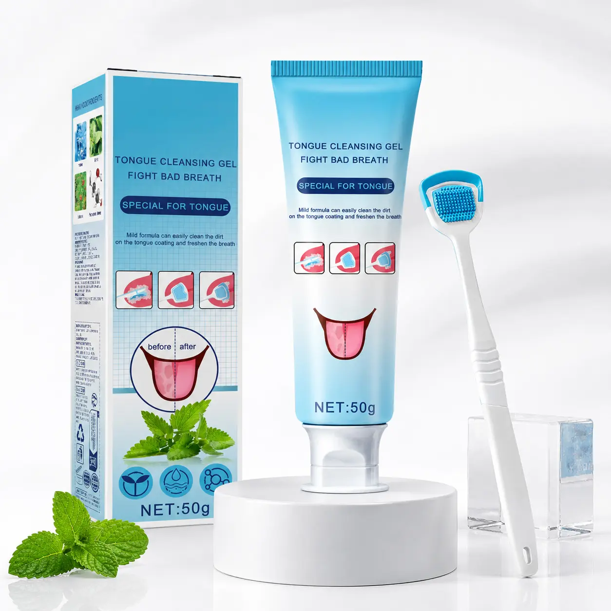 Tongue Cleaning Gel with Brush, Pro Tongue Scraper Kit for Deep Cleansing, Bad Breath Control & Instant Long-Lasting Mint Freshness