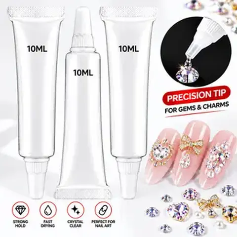 3 PCS Strong Hold Nail Rhinestone Glue Gel for 3D Nail Art Decorations, Precision Tip to Apply Gems & Charms