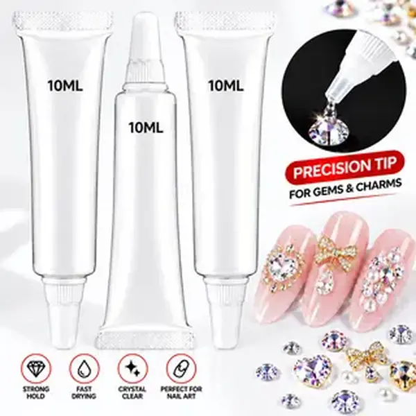 3 PCS Strong Hold Nail Rhinestone Glue Gel for 3D Nail Art Decorations, Precision Tip to Apply Gems & Charms