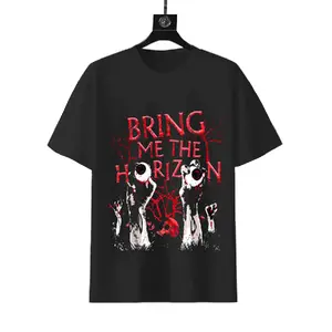 ### TikTok Bring Me The Horizon Horror Zombie Bloody Hand Graphic Black Cotton T-Shirt Metal Band Vintage Distressed Short Sleeve Tee For Rock Music Fans Concert Outfit & Punk Streetwear Gift
