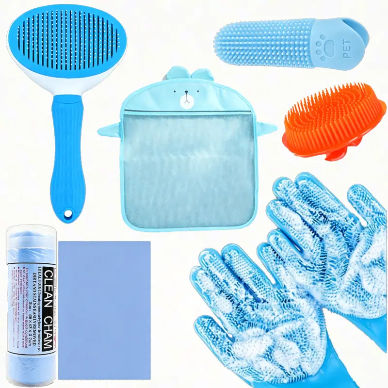6-Piece Universal Pet Bath Grooming Kit for Dogs and Cats – Clean At-Home Grooming Set with Silicone Gloves, Slicker Brush, Massage Scrubber, Absorbent Towel, Finger Toothbrush, Storage Bag (Fits All Sizes), Cute Mesh Storage Bag