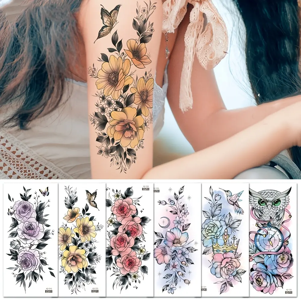 6-Sheet Assorted Flower Temporary Tattoos Bundle, Realistic Waterproof Pre-Packaged Fashionable Arm Tattoos (Beauty & Personal Care Makeup Accessory), Realistic Temporary Tattoos, Assorted Temporary Tattoos