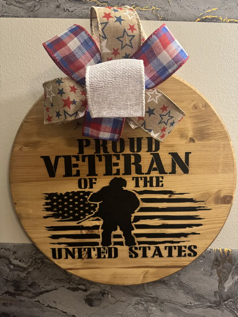 Proud Veteran of the United States Hanging Door Sign - Wooden Decor with Patriotic Ribbon and American Flag Design for Military Service Honor