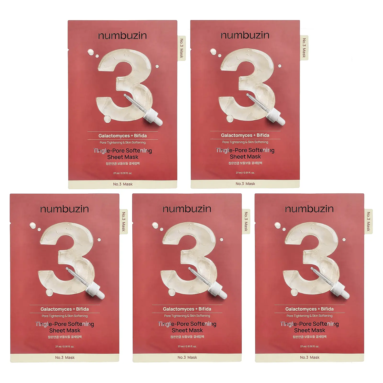 Numbuzin No.3 Tingle-Pore Softening Beauty Sheet Mask, 5 Sheets, 0.91 fl oz (27 ml) Each
