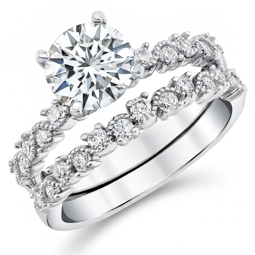 2Ct Round-cut Moissanite Laced Milgrain Bridal Set Engagement Ring 18K White Gold over Sterling Silver