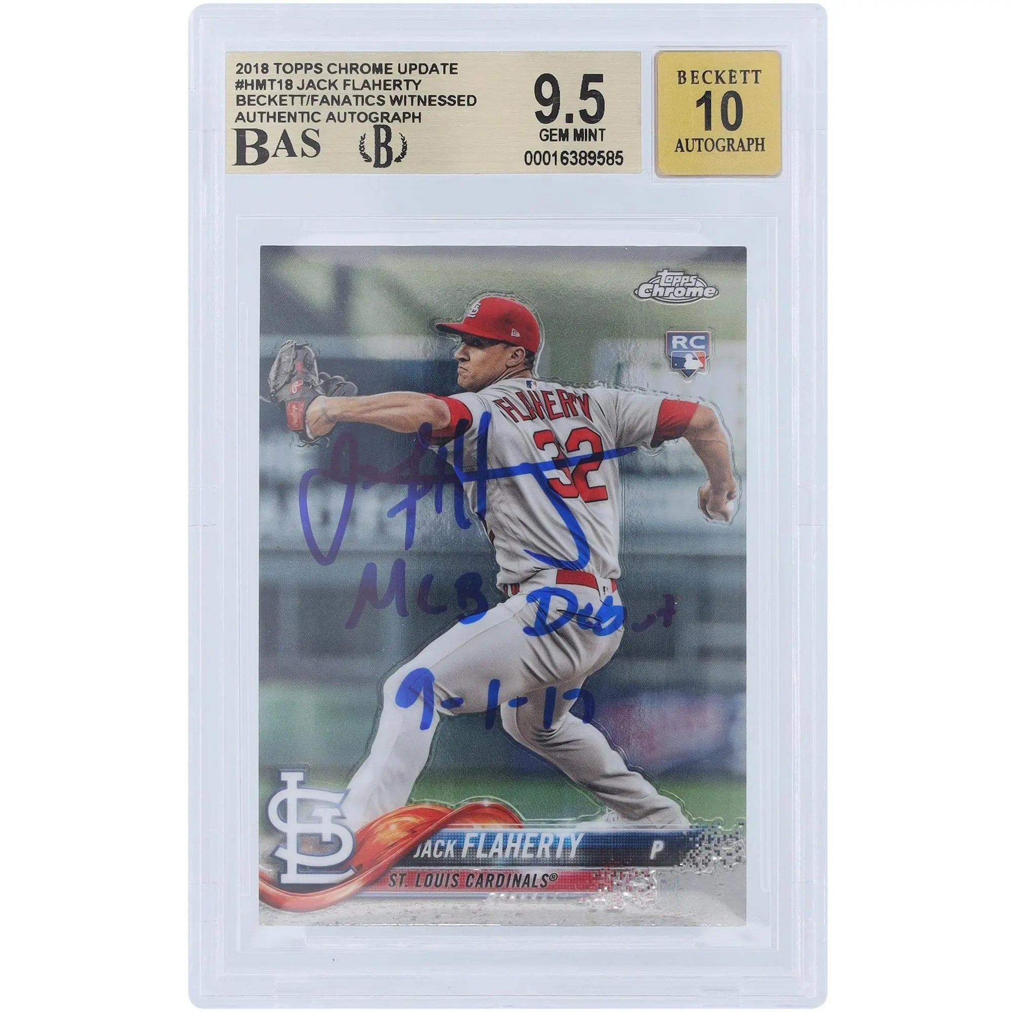 Jack Flaherty St. Louis Cardinals Autographed 2018 Topps Chrome Update #HMT18 Beckett Fanatics Witnessed Authenticated 9.5/10 Rookie Card with "MLB Debut 9-1-17" Inscription - Fanatics Authentic Certified