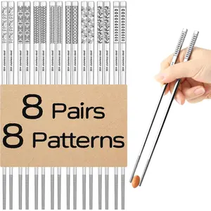 8 Pairs Metal Chopsticks Reusable 18/8 Stainless Steel Chopsticks Set Cute Laser Engraved Non-slip Japanese Korean Chinese Chopstick for Cooking Eating Dishwasher Safe 9.25" Chop Sticks Gift Set