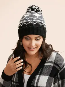 BloomChic Geometric Jacquard Fluffy Ball Knit Beanie Hat - Black, 100% Acrylic, Regular Fit, Machine Washable Winter Cozy Warm Beanie for Casual Outfits Women, 2026 Gift Option Swimweek