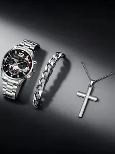 3 counts men's watch+Cuban bracelet necklace, a fashionable and luxurious men's business sportswear designed for daily use, is a must-have fashion gift for Thanksgiving, anniversaries, birthdays, and shopping festivals