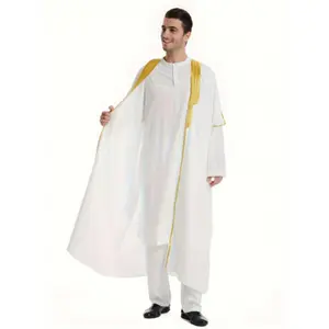 1pc Modest V-Neck Arabian Thobe, Polyester 100% Woven Loose Fit with Braided Detail, All-Season Stripe Pattern, Suitable for Height 168-185cm