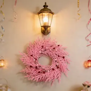 Norfolk pine and cypress artificial pink wreaths - Realistic pine wreaths with red berries, indoor/outdoor Christmas decorations, no electricity required, easy-to-hang circular hooks, suitable for doors, walls, mantelpiece - Durable plastic Valentine's Da
