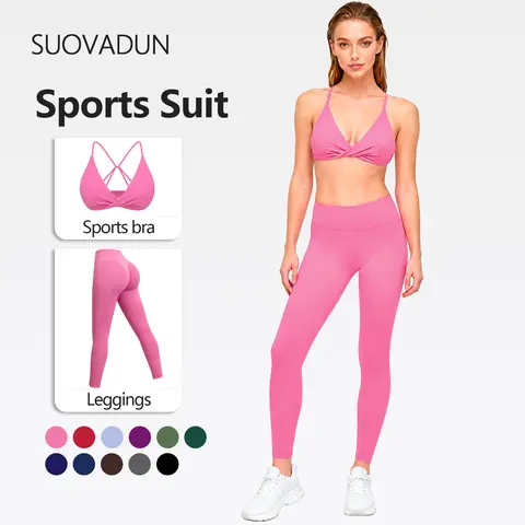 【AUCTION ONLY】SUOVADUN Women Workout Outfit 2 Piece Set, Twist Front V Neck Sports Bra With High Waist Leggings, Buttery Soft Stretch Activewear Outfit For Yoga And Daily Training