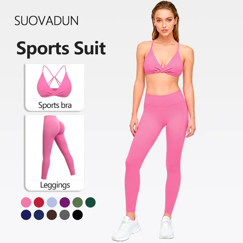 【AUCTION ONLY】SUOVADUN Women Workout Outfit 2 Piece Set, Twist Front V Neck Sports Bra With High Waist Leggings, Buttery Soft Stretch Activewear Outfit For Yoga And Daily Training