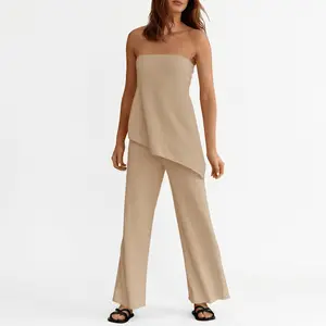 Tankaneo Womens 2 Piece Outfits Asymmetrical Tube Top Wide Leg Pants Knit Vacation Travel 2025 Matching Lounge Sets