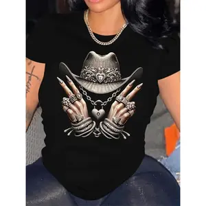 [Western T-Shirt] Western Graphic Print T-Shirt | Women's Casual Top, Black Regular Fit, Machine Washable, Durable Fabric, Short Sleeve Round Neck, All-Season Tee Womenswear Streetwear Tshirt Summer Crewneck Fitted