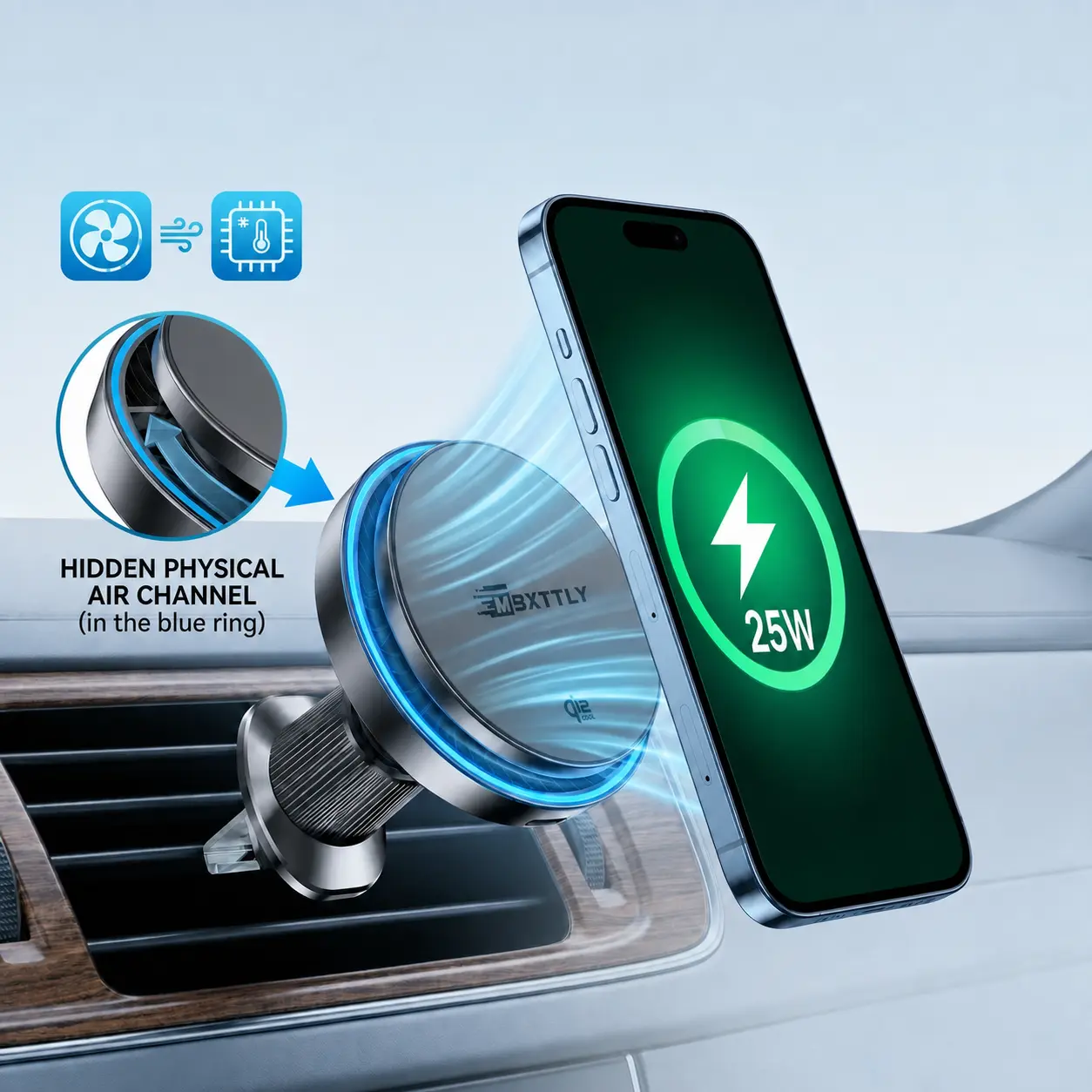 MSXTTLY 25W Magnetic Wireless Car Charger with Cooling Fan, LED Light & MagSafe Phone Mount, for Tesla and BMW, Compatible with iPhone 17 Pro Max, iPhone Air, iPhone 17-12 Series and Samsung Galaxy S26/S25 Series