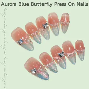 【Lucy UU】Aurora Blue Butterfly Press On Nails  Almond Shape Pearl Chain Glitter Reusable Handmade Nails