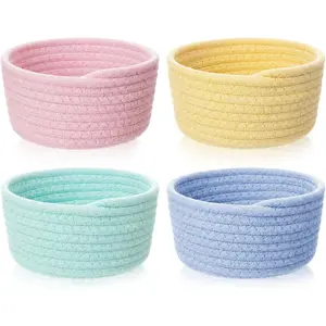 Boao 4 Pcs Easter Woven Baskets Small Rope Bin Mini Cotton Baskets for Organizing Easter Gifts Cute Tiny Empty Round Shelf Closet Decorative Bins for Home Room(Macaron)