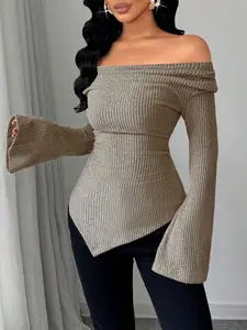 Women's Asymmetrical Neck Long Sleeve Top, Comfortable Soft Fitted Sweater, Flared Sleeves Design, Spring & Fall Fashion Elegance