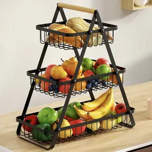 3-Tier Fruit Basket Stand with Wooden Handle, Metal Wire Storage Rack for Fruits, Bread, Snacks & Vegetables, Large Capacity Kitchen Counter Organizer, Space Saving Tiered Food Storage Rack, Home Kitchen Decor