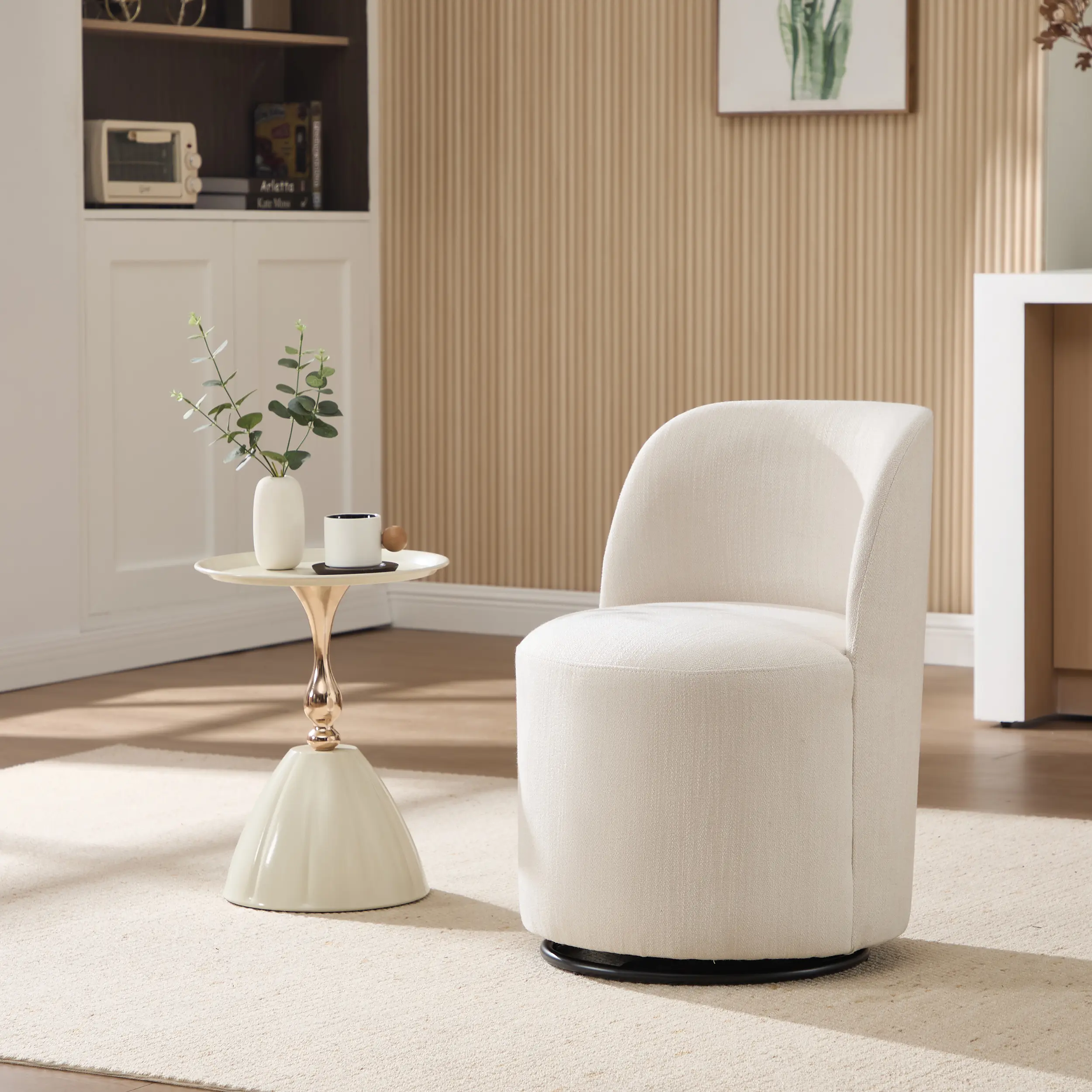 1-Piece Upholstered Swivel Barrel Dining Chair, Mid-Century Modern Round Linen Accent Chair, 360° Comfy Armless Vanity Chair for Kitchen, Dining Room, Bedroom, Living Room