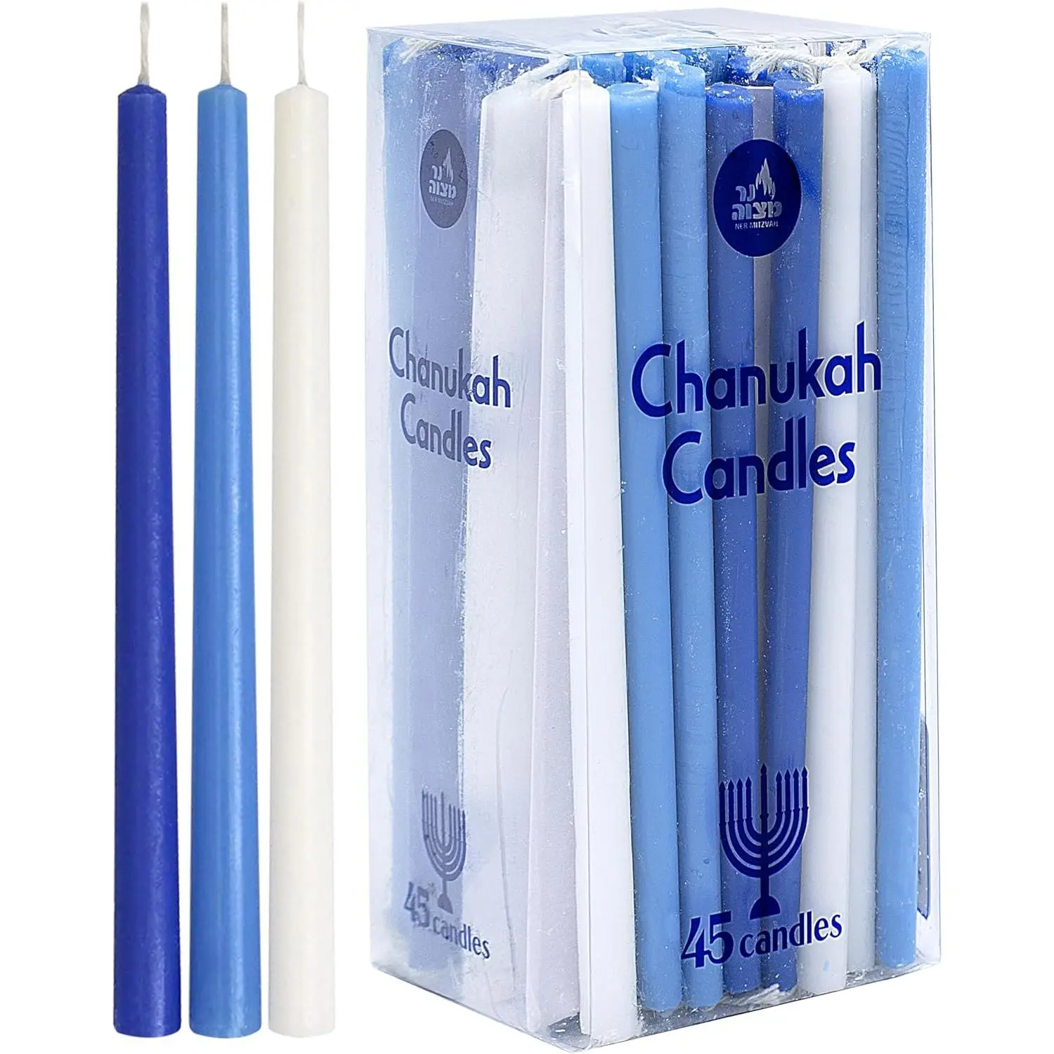 Long Chanukah Candles, Diameter Fits Most Menorahs, Premium Quality Wax Blue and White for All 8 Nights of Hanukkah, 45 Count Standard Size