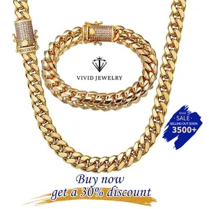Mother's Day Gifts Miami Cuban Link Chain Set For Men  Stainless Steel 10mm Curb Bracelet Necklace Diamond Chains