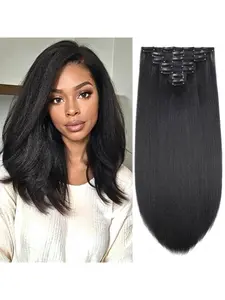 Kinky Straight Clip in Hair Extensions for Black Women Full Head Yaki Straight Seamless Clip in Synthetic Hair Synthetic Soft Hairpieces