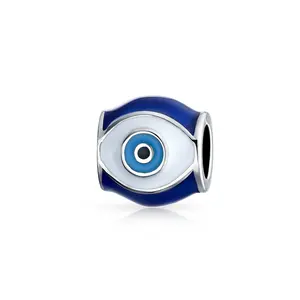 .925 Sterling Silver Spiritual Amulet Good Luck Blue Enamel Evil Eye Charm Barrel Bead for Bracelet