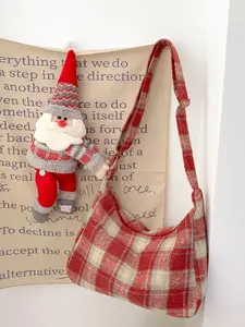 Women's Cute Plaid Pattern Shoulder Bag with Santa Claus Charm, Fashionable Patterned Bag, Fashionable Plush Shoulder Bag for Daily Used, Casual Trendy Versatile High-quality Daily Commuting Bag