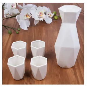 Deco 5 Piece Traditional Japanese Sake Set  1 Tokkuri Bottle and 4 Ochko Cups  White - Unique Custom Modern Design