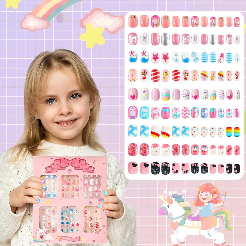 216Pcs 9 Pack Press on Nails Grils Kids Full Cover Short False Stick on Nail Tips for Kids Nail Art Decoration Christmas Birthday Valentine's Party Favors Gift(Lovely Style)