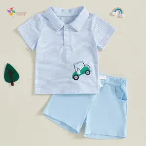 Toddler Boy 2026 Summer Clothes, Short Sleeve Striped Embroidery T-shirt with Elastic Waist Shorts Outfit