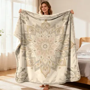 Boho Mandala Flannel Blanket Beige With Intricate Flower And Leaf Prints, Soft Warm All-Season Throw For Couch, Bohemian Style Home Decor, Cozy Lightweight Flannel Material, Machine Washable