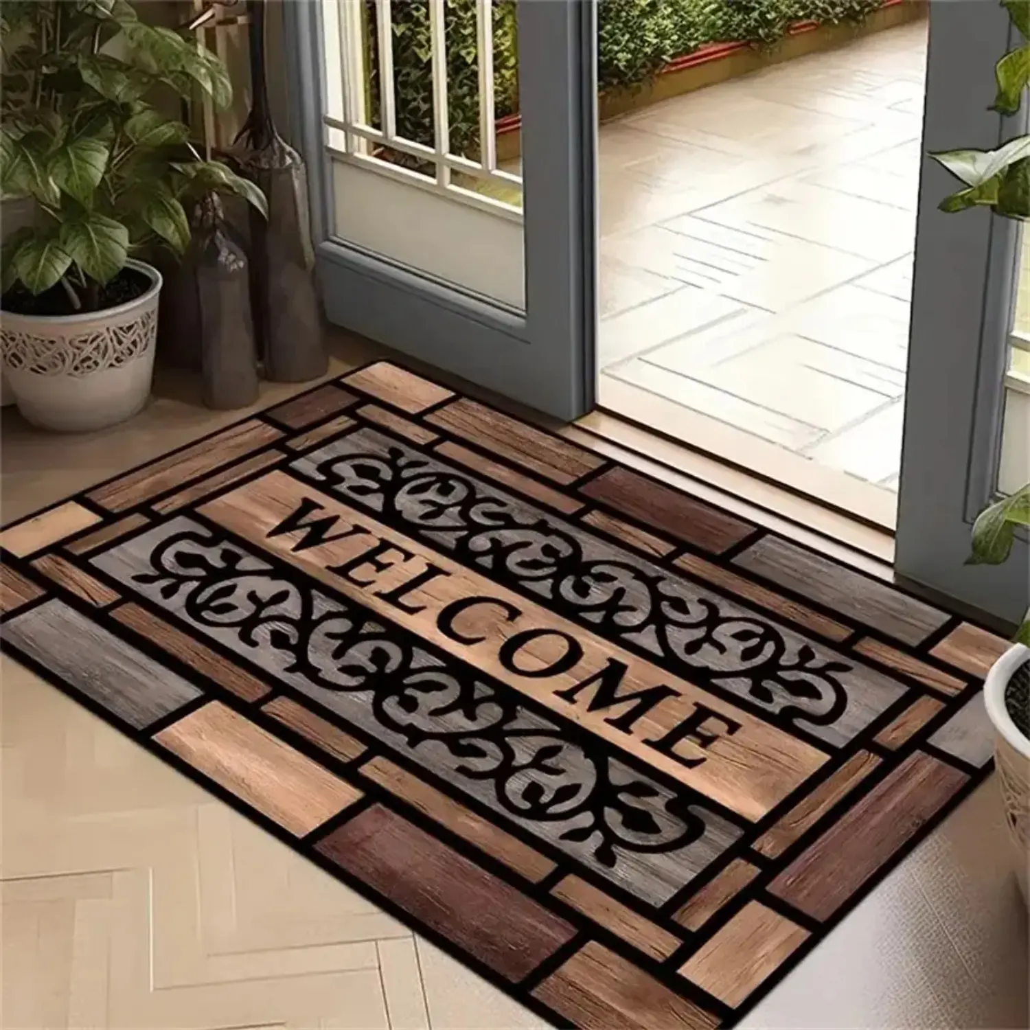Rustic Wood Grain Welcome Doormat - Alphabet Pattern, Anti-Wear Protectant Area Mat, Durable Soft Absorbent Diatomite, Machine Washable, Stylish Brown Pattern, Ideal for Home Entry & Entryway Decor, Alphabet Pattern Doormats, Anti-Wear Protectant Doormats