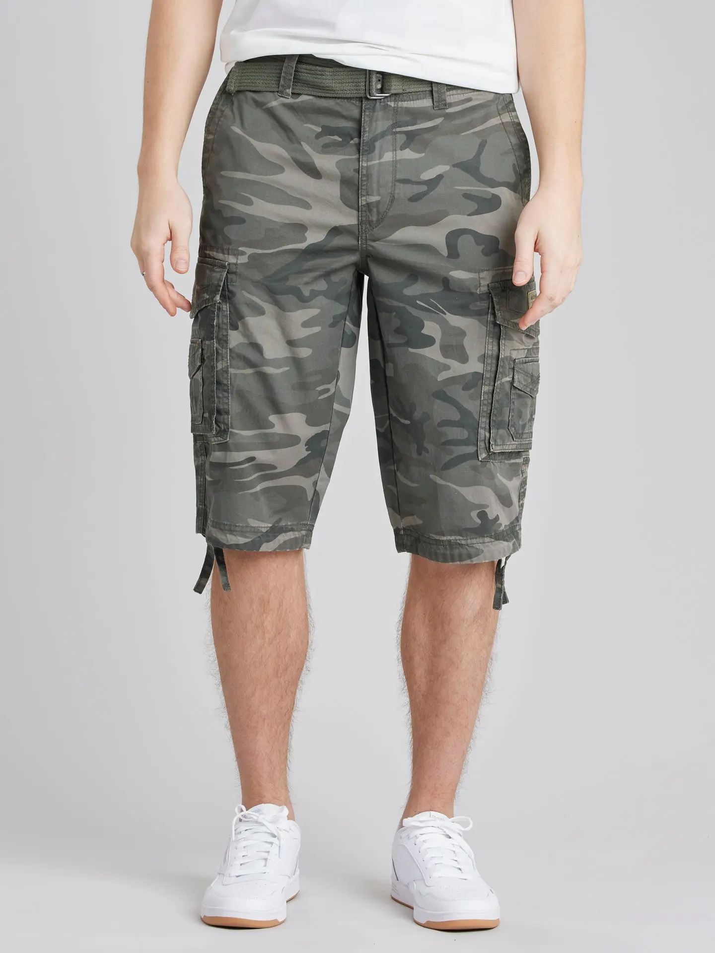 UNIONBAY Men's Classic Cordova Surplus Camo Utility Messenger Cargo Shorts - Cotton Twill, Below-the-Knee, Mid-Waist, Belted with D-Ring Belt, Vintage Wash, Zip Fly, Pocket, Hem Ties, Casual Outdoor Menswear