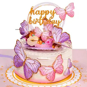 Butterfly Birthday Cake Pop Up Card 3D Handcrafted 5x7 Inch Laser Cut Premium Cardstock with Removable Note Tag for Personal Messages
