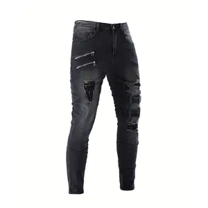 Men's Casual Skinny Biker Jeans, Street Style Medium Stretch Denim Pants