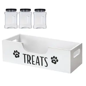 Wooden Pet Snack Storage Box with 3 Plastic Treat Jar Dog Food Storage Holder Large Capacity Airtight Dog Treat Bin for Pet Gift Supply Accessories