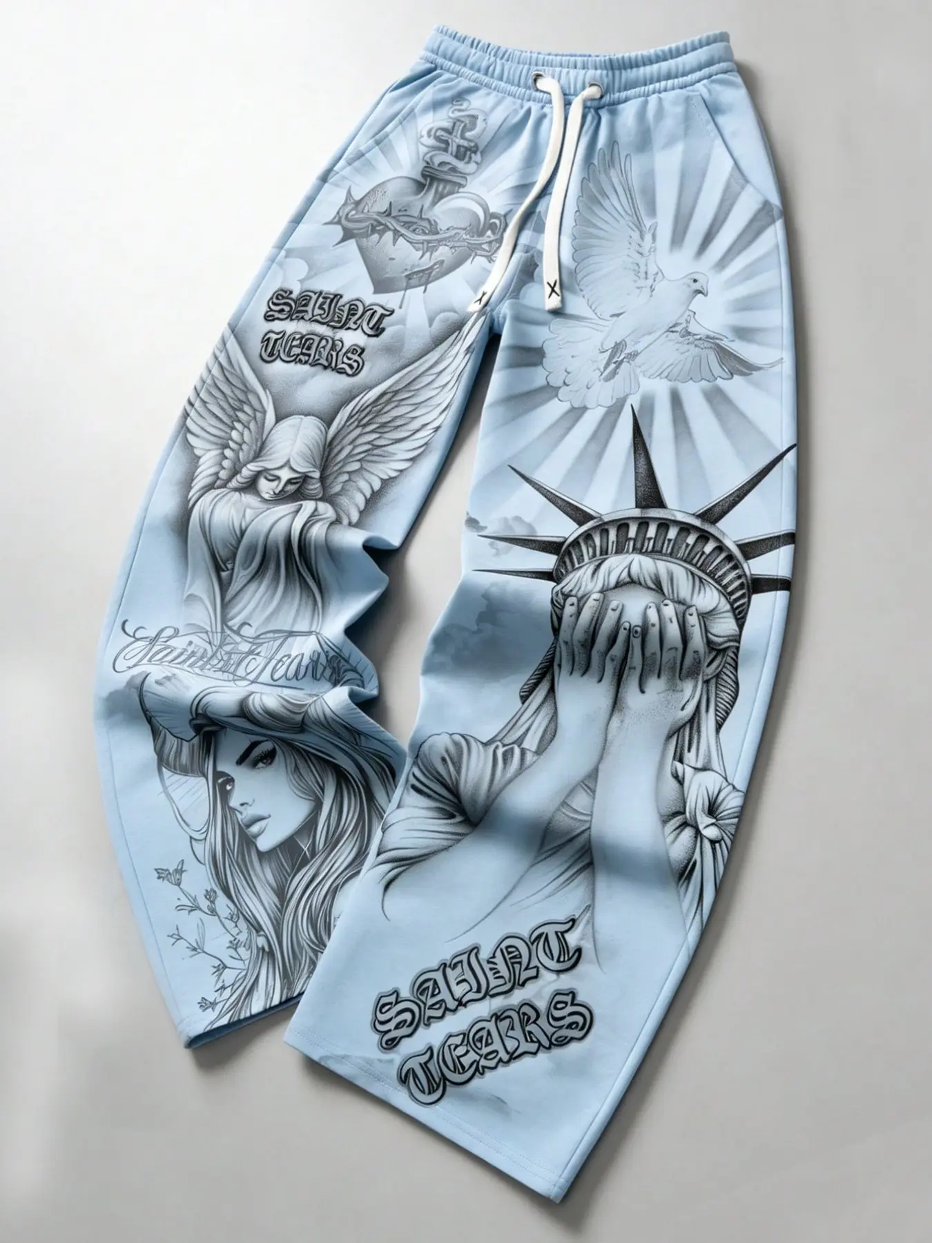 Liberty Statue Jesus Casual Wide-Leg Style Pants, Unisex Light Blue Spring/Autumn Print Trousers, Christian Leisure Sweatpants, Casual Bottom, Casual Loose Pants, Graphic Pants, Drawstring Loose Pants