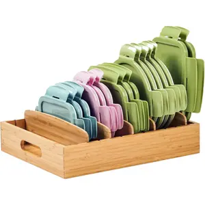 Bamboo Kitchen Cabinet Drawer Organizer with Adjustable Dividers for Food Storage Container Lids, Caddy for Kitchen Storage and Organization