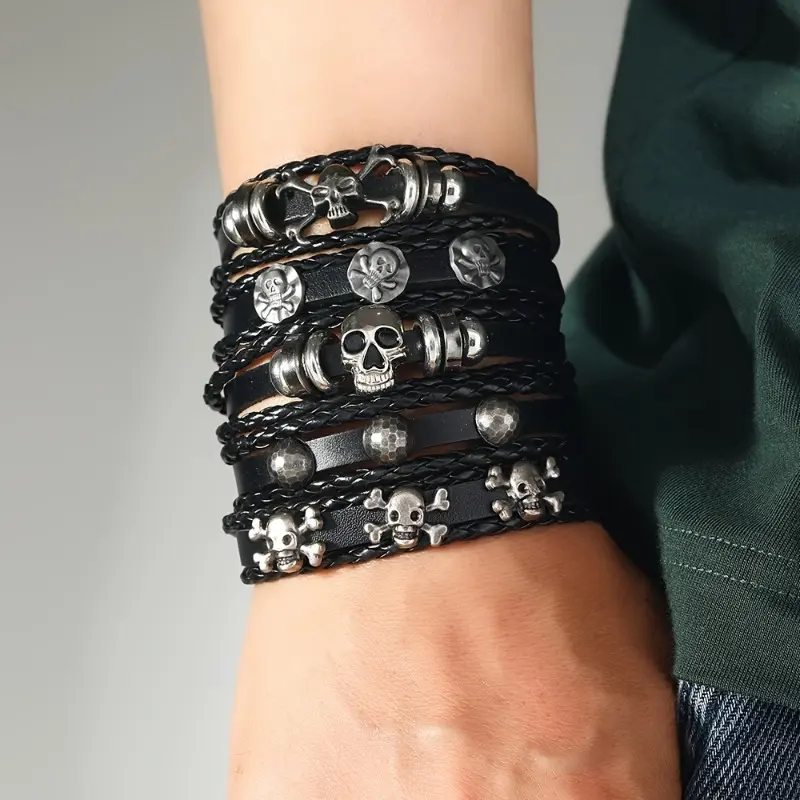 Men’s & Women’s Accessories, 5-Piece Gothic Skull Multi-Layer Adjustable Faux Leather Woven Punk Bracelets, Halloween Costume Jewelry Gift, Men's Accessories, Accessories For Women