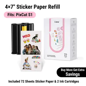 [PixCut S1 4×7'' Sticker Paper] Liene Sticker Paper & Cartridge (Enhanced Adhesion Version) for PixCut S1 - 2 Ink Cartridge Refills & 72 Sheets 4x7" Photo Paper, Dye Sublimation Waterproof, Compatible only with Liene PixCut S1
