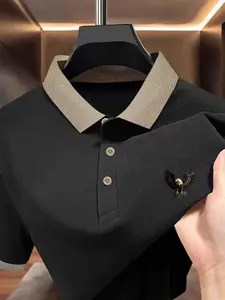 Men's Summer Short Sleeve Golf Shirt Polo, Eagle Print, 100% Knit Polyester, Breathable, Contrast Collar, Button-Up, Casual Business Wear