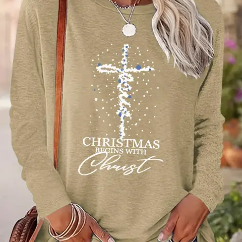 Women's Christmas Cross & Letter Print Drop Shoulder T-shirt, Casual Long Sleeve Round Neck Pullover for Daily Wear, Ladies Fall & Winter Clothes