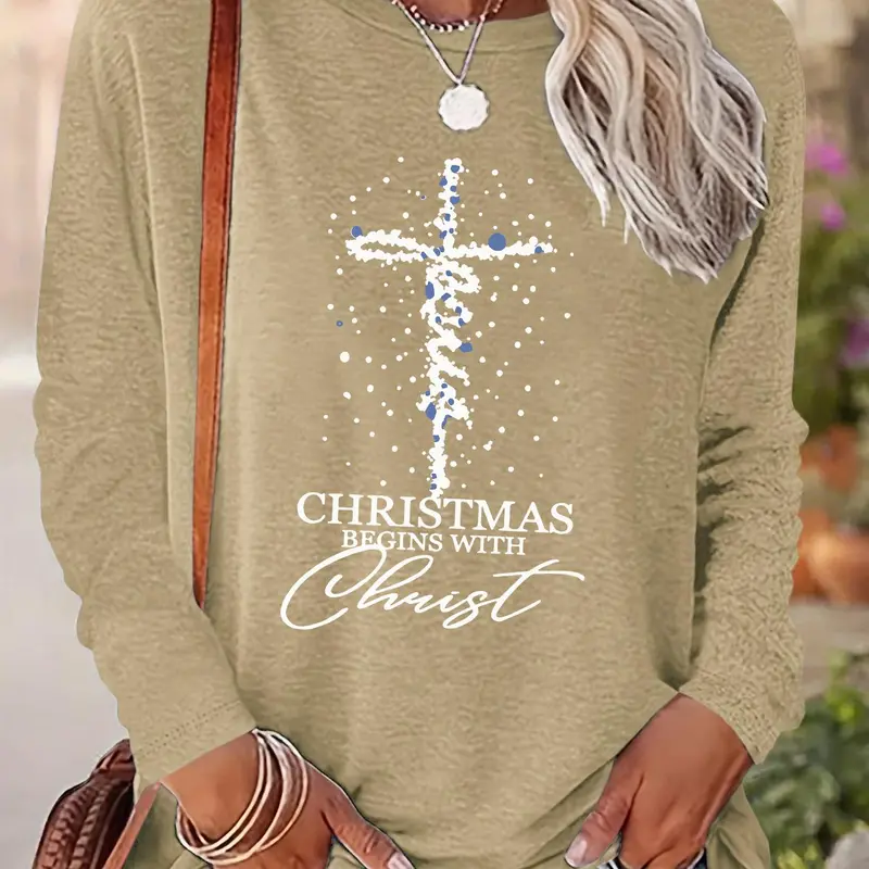 Women's Christmas Cross & Letter Print Drop Shoulder T-shirt, Casual Long Sleeve Round Neck Pullover for Daily Wear, Ladies Fall & Winter Clothes