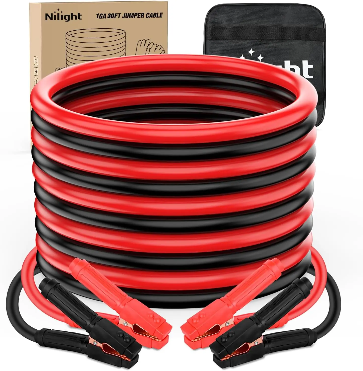 Nilight Heavy Duty Car Battery Jumper Cables - 1 Gauge, 30 FT Long Tangle-Free Copper Clad Aluminum Booster Cables with Gloves, Clamps, Storage Bag, 900 A CCA High Power Emergency Kit, Weather Resistant Premium PVC Sheath for Pickup Trucks, SUVs