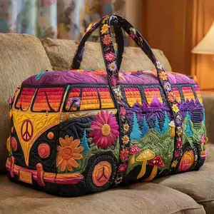 Hippie Van Quilted Travel Duffle Bag – Colorful Van & Flower Mushroom Design, Perfect for Adventure, Quilted Fun Travel Bag,