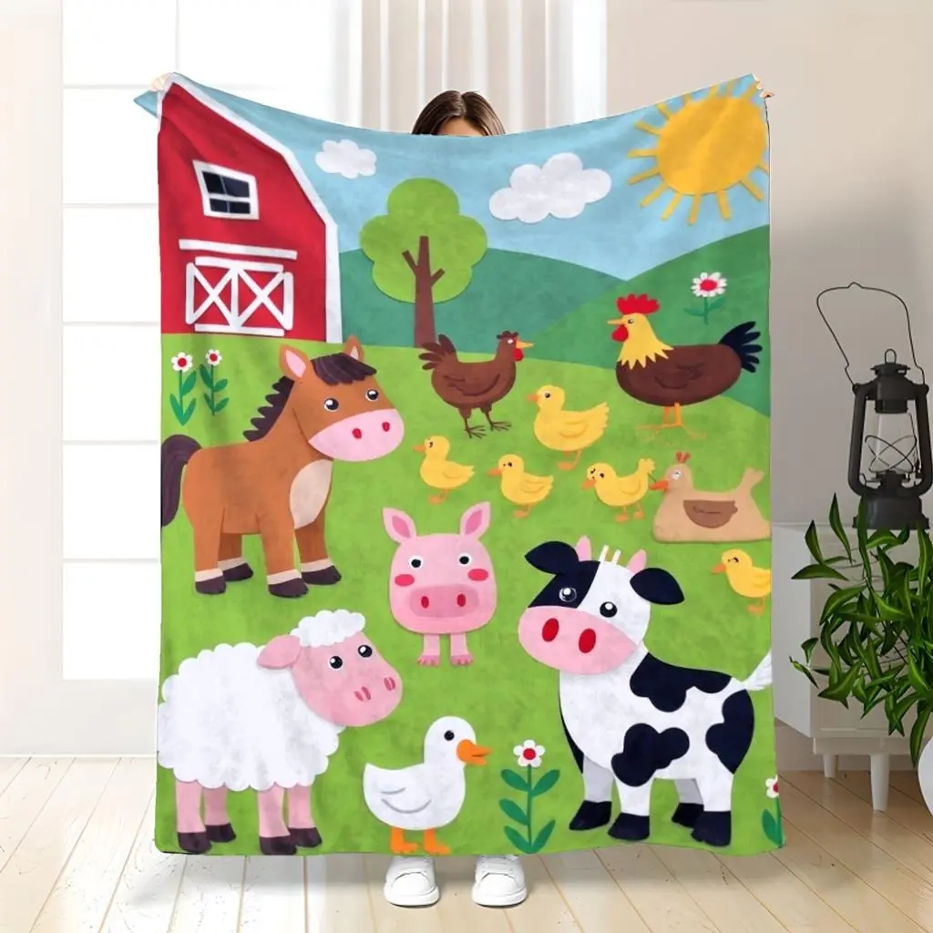 Jumbo Large Farm Animal Flannel Blanket Barn & Cow Pastoral Print Soft Cozy Bedspread Throw Blanket Lightweight Plush Cover For Sofa Bed Couch Bedroom Travel Pet Friendly Farmhouse Style